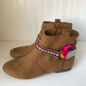 Camel faux suede Pom Pom glitter strap ankle boots